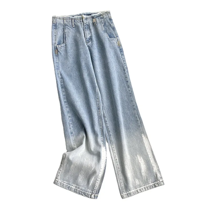 

GVUW High Waist Light Blue Gradient Burrs Denim Trousers New Loose Fit Pants Women Fashion Tide Spring Autumn 2021 20D813