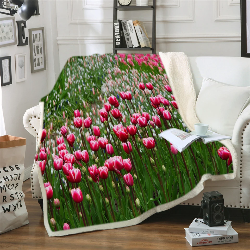 

Colorful Roses Sherpa Throw Blanket 3D Printed Flowers Winter Bedspread Floral Plush Blanket 150x200cm