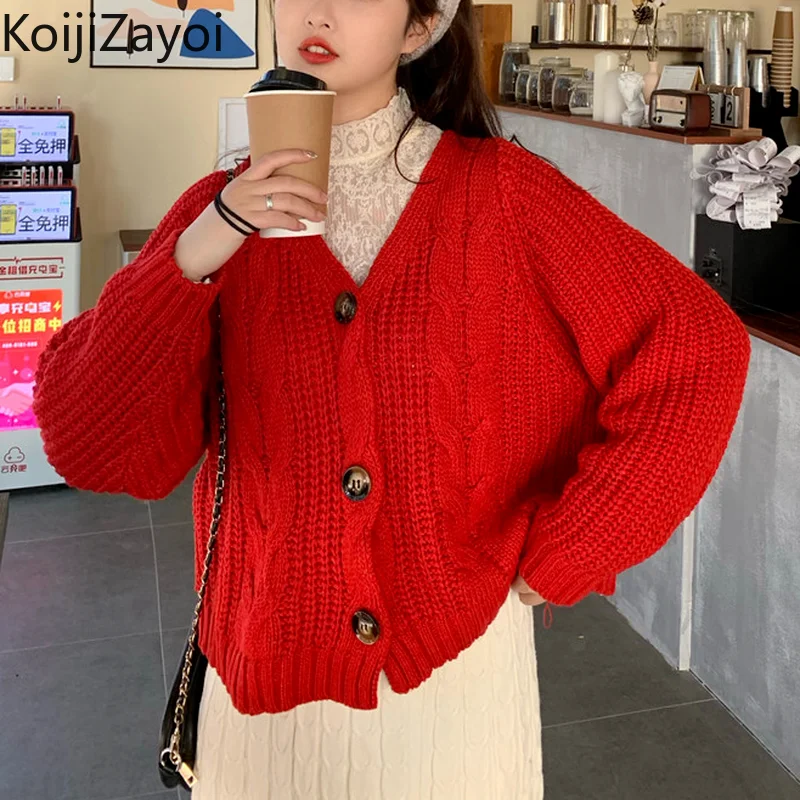 

Koijizayoi Vintage Women Short Cardigan Autumn Winter V Neck Long Sleeve Knitted Sweater Streetwear Casual Solid Pull Femme 2022