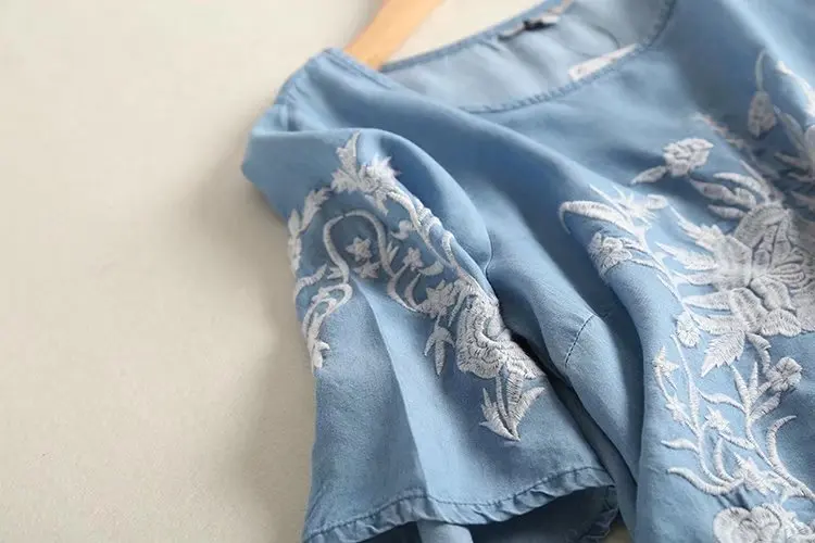 

Women's Tops and Blouses 2020 New Spring Summer Casual Half Sleeve Round Neck Loose Symmetrical Embroidered Denim Shirt Blouses