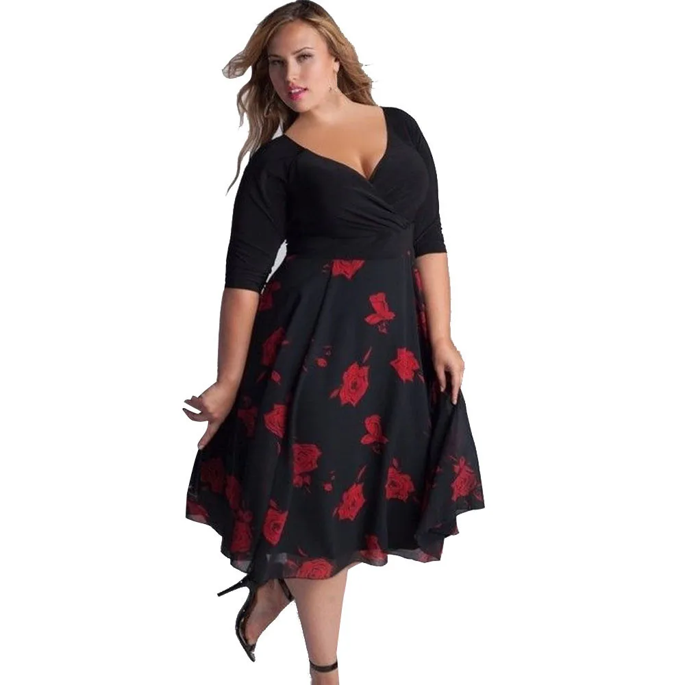 

Plus Size Sexy V-neck Floral Maxi Evening Party Dresses for Women Casual V-neck Half Sleeve Boho Beach Sundress Female #672