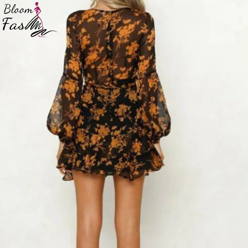 

Chiffon Floral Print Women Dress Sexy Deep V-Neck Ladies Party Clubwear A-Line Slim Mini Dress Casual Beach Female Clothes New