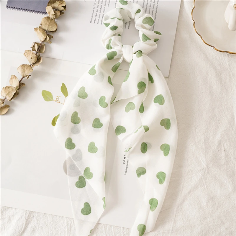 

2021 New Chiffon Silk Love Heart Bow Hair Scrunchies Women Hair Tie Rope Rubber Bands Ponytail Holder Hair Accessories