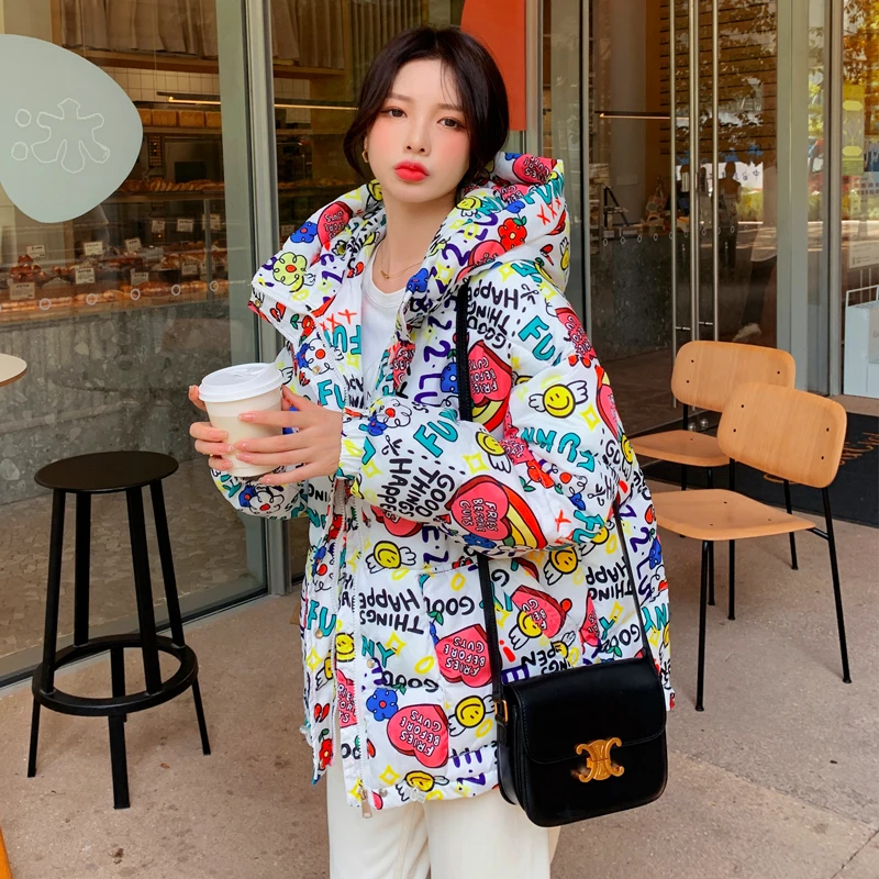 

Женское хлопковое пальто с капюшоном и принтом граффити, верхняя одежда, новинка 2021, женская модная зимняя куртка