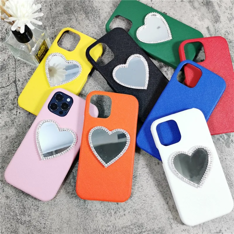 

Luxury Diamond Heart-shaped Makeup Mirror Soft Case For Iphone 11 12 Pro Max 7 8 Plus Xr X Xs Se 2020 Leather Phone Cover Fundas