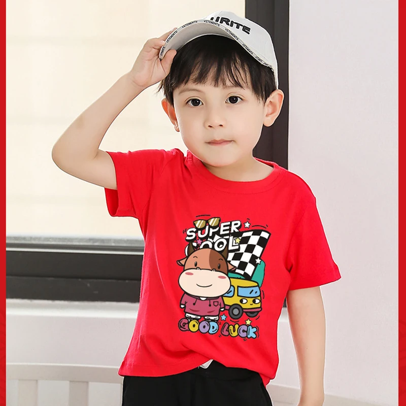 

2021 Summer New Chinese Style Casual Toddler Boy Clothes Cotton Cartoon Cow Car O-Neck Printing Short Sleeves Unisex T-Shirts