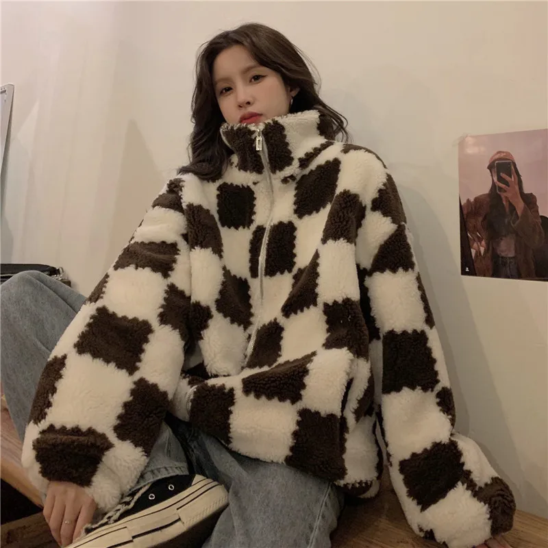 

Harajuku Lamb Wool Jacket woman Hip Hop Retro Plaid Coat Sweatshirt Winter Korean Chic Jacket Woman Elegant Oversized Streetwear