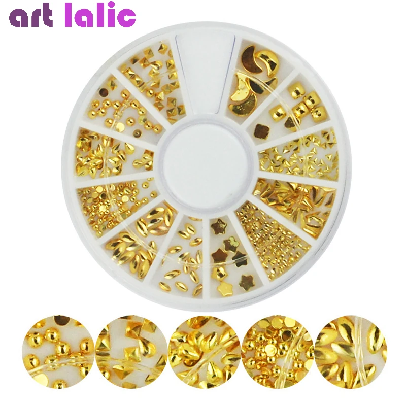 

Mixed 3D Nail Rhinestones Full Gold Plated Metal Studs 12 Types In Wheel DIY Nail Art Decoration Accessories