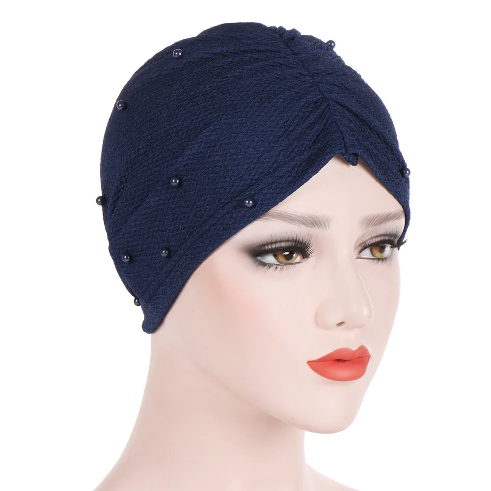 

New European and American pearl pure color head cap Muslim headscarf