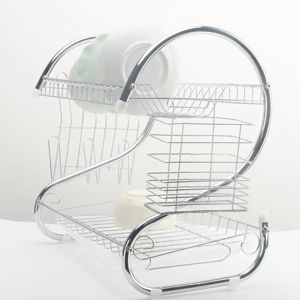 

New Hot Kitchen Sink Dish Drainer Drying Rack Organizer 2 Tiers Dish Drying Rack Holder Basket Plated Iron Home Washing Great