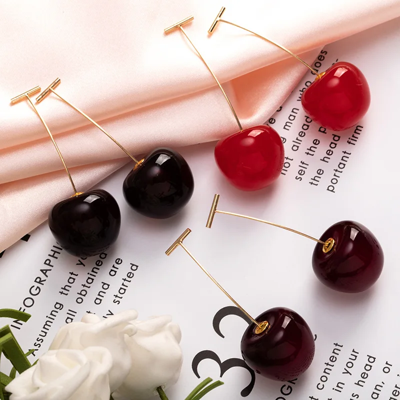1Pair Cute Simulation Red Cherry Sweet Resin Drop Earring Hot Red Color High Quality For Women Girl Student Fruit Xmas Gift