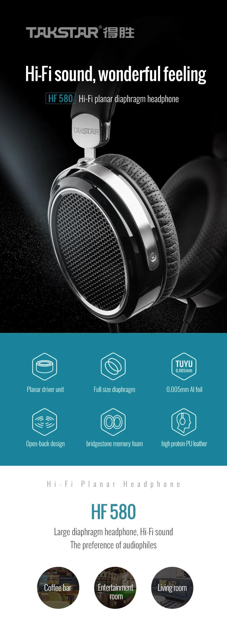 Takstar HF580 Hi-Fi Плоские наушники ультра-большая плоская диафрагма с низким уровнем искажений Шумоподавление для HF сетевой записи hf580