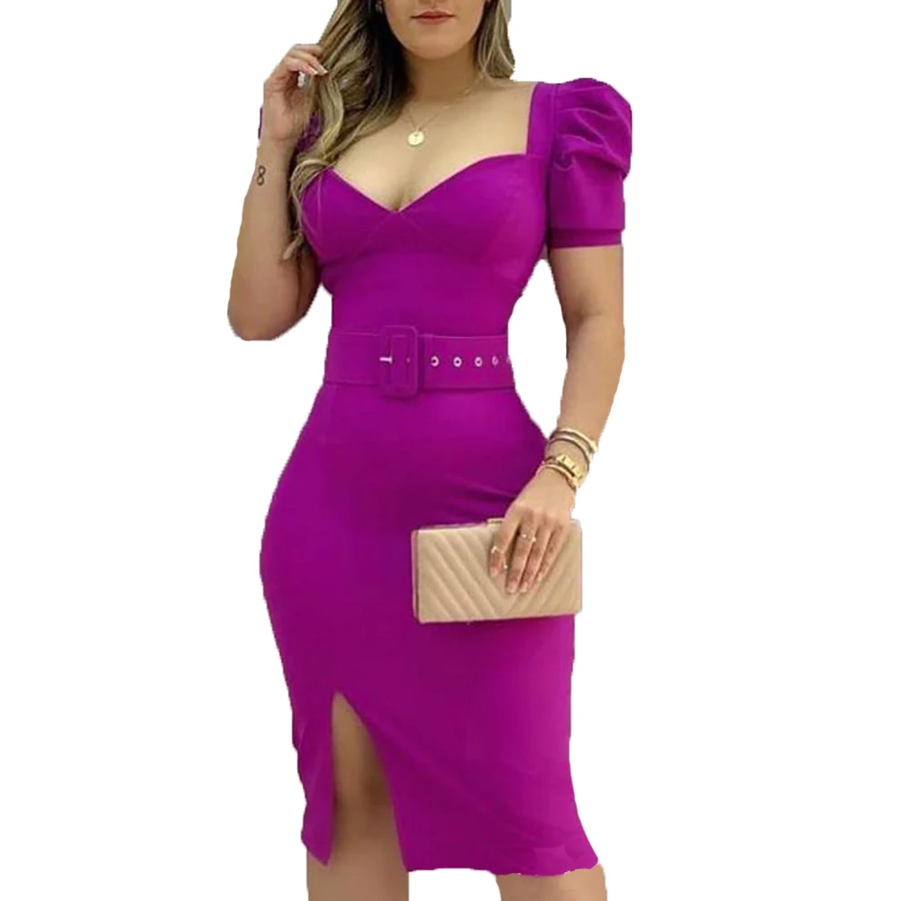 

White Puff Sleeve Square Neck Dress-Without Belt 2021 Hot Summer Short Sleeve Female Women White Vintage Party Club Dress