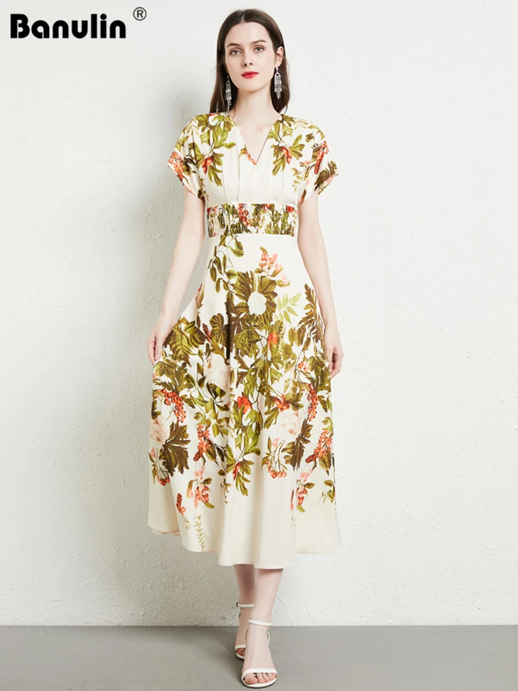 

2022 Summer French Style V-Neck Floral Print High Elastic Waist Beach Dress Valentines Day Outfit Women Vestidos De Verano Mujer