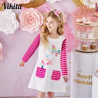 vikita girls dress with pockets children striped casual wear children cotton clothes 3 12y costumes girls butterfly print dress