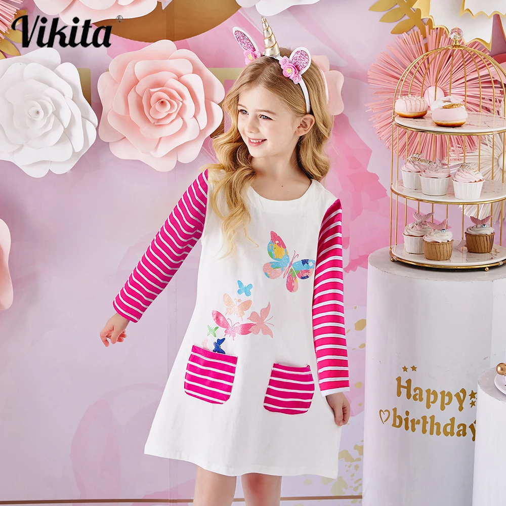 VIKITA-vestido informal a rayas con bolsillos para ni&ntilde;as, ropa de algod&oacute;n para ni&ntilde;os de 3 a 12 a&ntilde;os, con estampado de mariposa-0