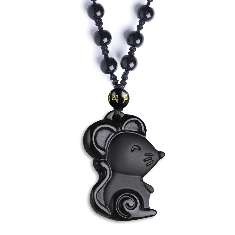 Натуральный обсидиан мышь из зодиака кулон ожерелье очарование ювелирные