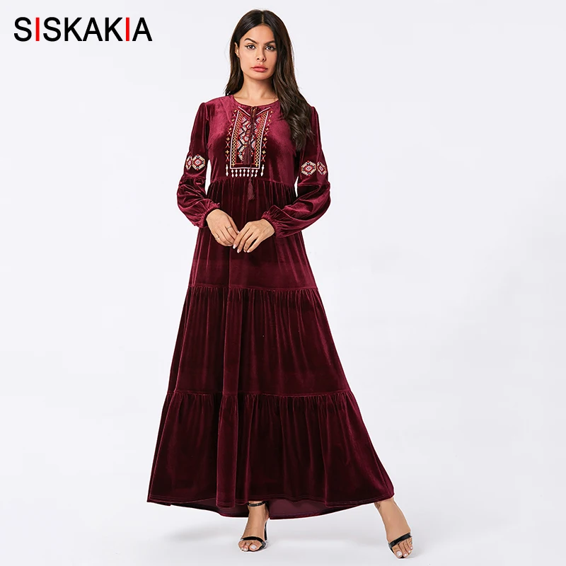 Вельветовое длинное платье с вышивкой в этническом стиле Мусульманские платья