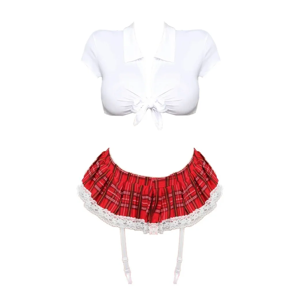 

Sexy Lingerie Women Cosplay Student Costumes Uniform Skirt Red Plaid Garter Lace Underwear Mujer Erotic Sets Baby Doll Plus Size