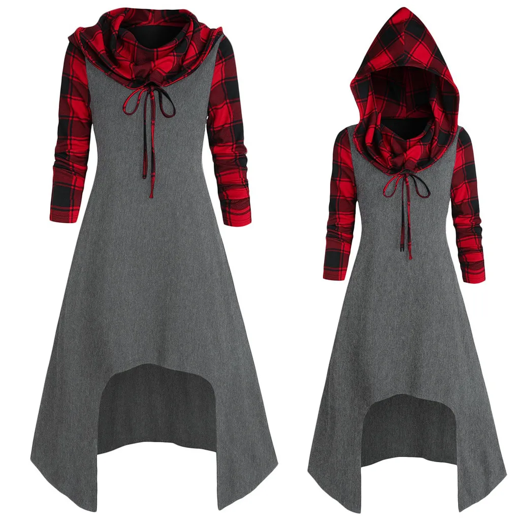 Зимнее платье с капюшоном для женщин принт в клетку длинный рукав повязка