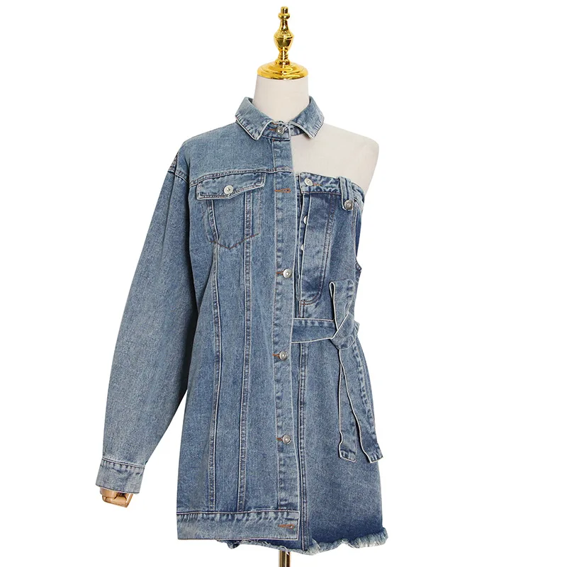

Autumn 2021 new style asymmetric off the shoulder strap long sleeve Denim Skirt Jacket Women's fashion
