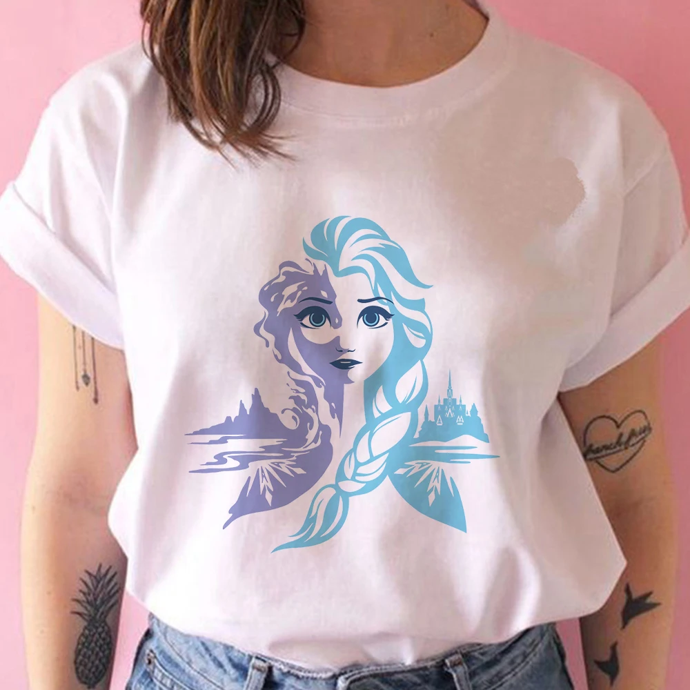Harajuku Cartoon Frozen II Ice Queen Elsa Gothic Print Short Sleeve T-shirt Women Tops Summer Streetwear Sweet Girls Tee Shirt