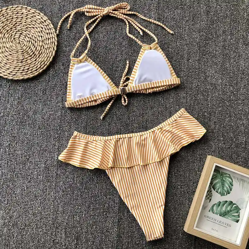 

New Sexy Ruffle Bikinis Women Triangle Push Up Bikini Set Stripe Bikinis String Swimsuit Ruched Swimwear Swimming Bathing Suits