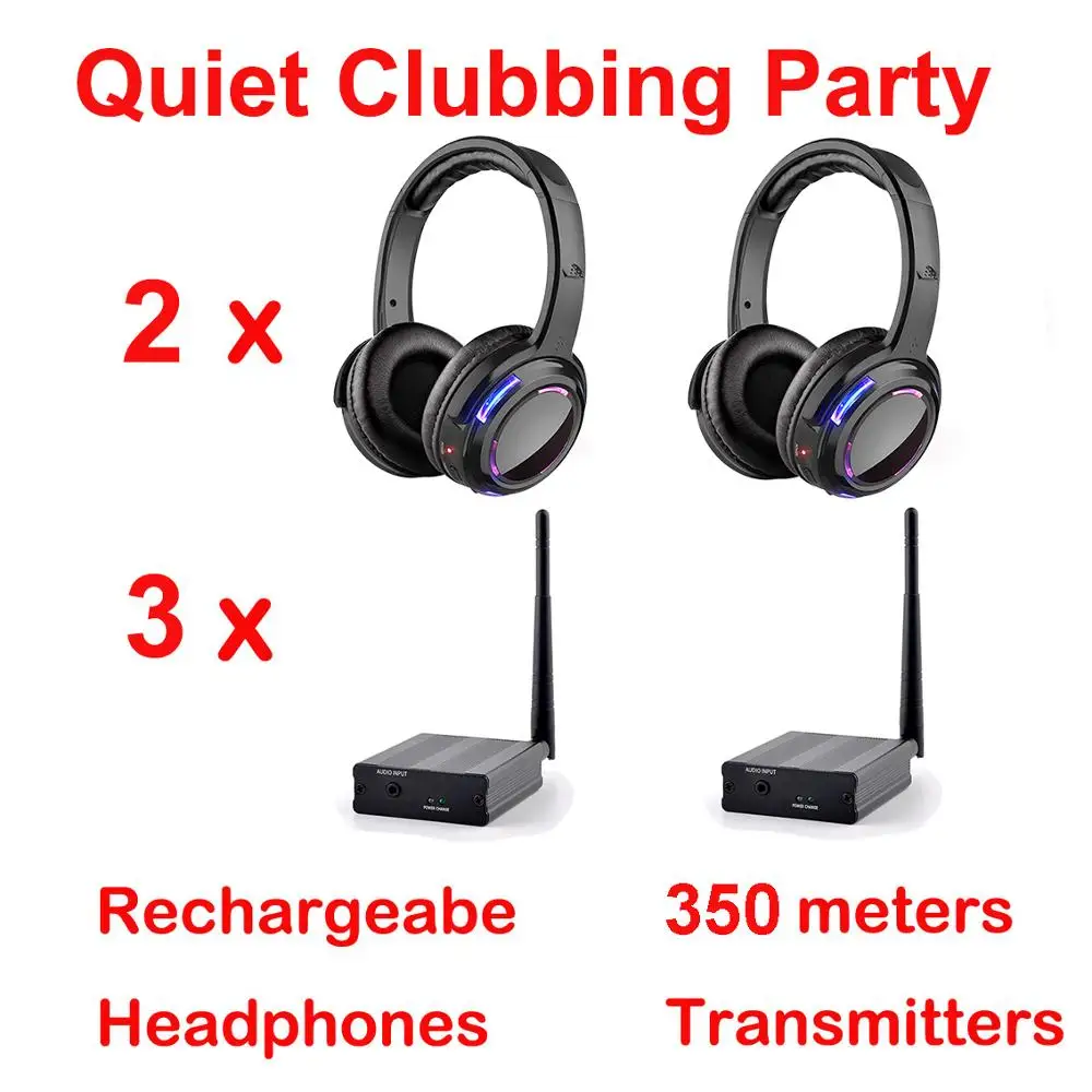 

Silent Disco Led Wireless Headphones - Quiet Clubbing Party Bundle with 2 Headsets and 3 Transmitters 500m Distance