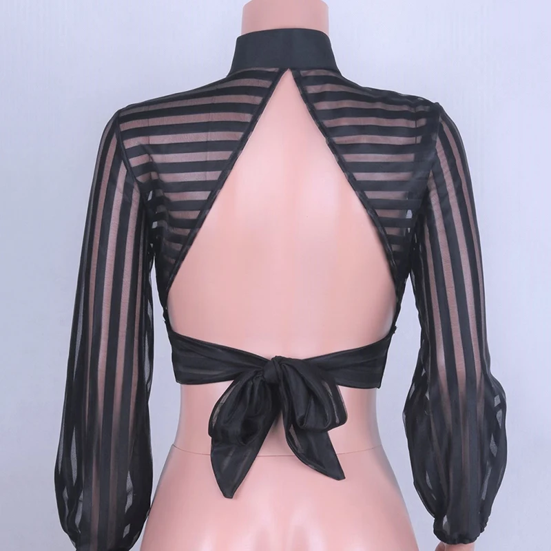 Женская Осенняя прозрачная сетчатая блузка с длинными рукавами фонариками