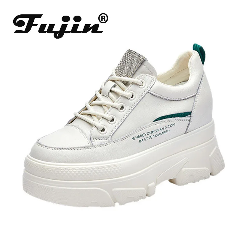 

Fujin 8cm Platform Wedge Hidden Heel Women Sneaker Shoes White Bling Bling Ins Chunky Shoes Genuine Leather Height Increased