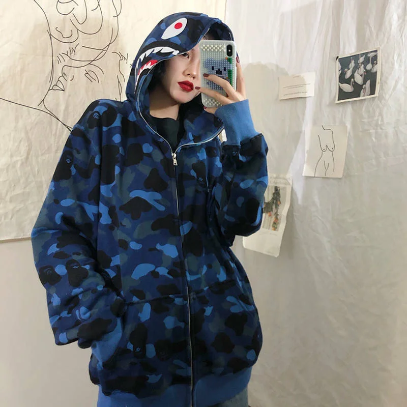 

Sweatshirt Ladies Casual Streetwear Hip Hop Polyester Spring and Autumn Hoodie Ladies Hooded Zipper Shark Print Sweatshirt