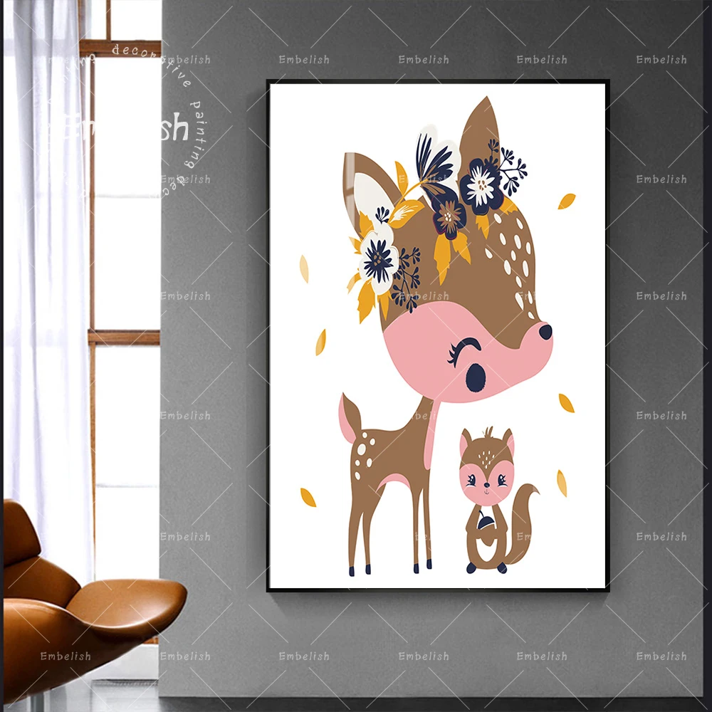 

Embelish Lovely Animal Deer Cartoon Wall Pictures For Kids Childrens Living Room Home Decor Posters HD Print Canvas Paintings