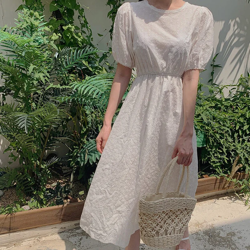 

2021 Summer New Korean Style Design Sense Gentle White Puff Sleeve Midi Dress Love Skirt Women fafa_ootd