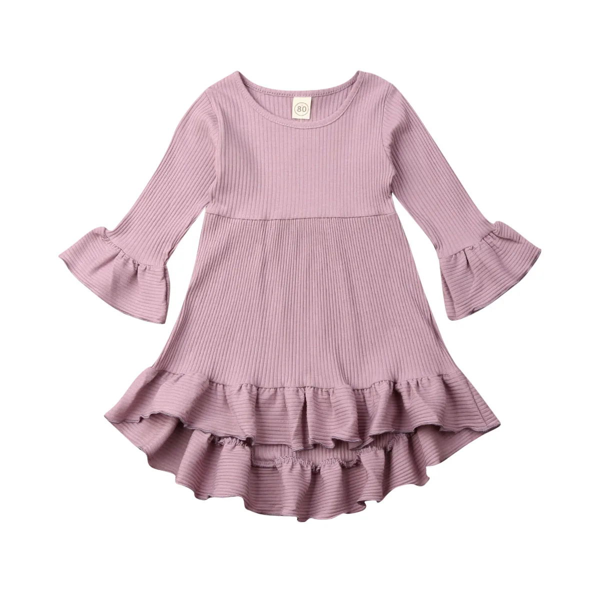 

2020 New Fall Autumn 6M-4Y Kid Baby Girl Ruffled Asymmetrical Flared Long Sleeve Dress Solid Color Princess Outfit 4 Colors
