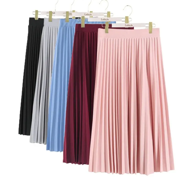

Женская плиссированная юбка с высокой талией PEONFLY, однотонная эластичная юбка средней длины черного и розового цвета на весну и осень