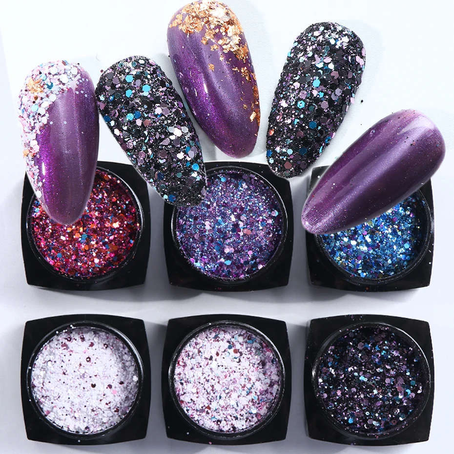 Голографический Блестящий Порошок для ногтей 6 коробок 3D шестиугольник цветные