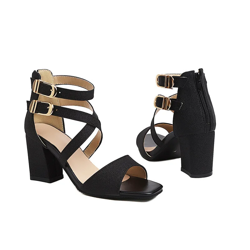 

Beige Heeled Sandals Square Toe Female Shoe 2021 Summer Black High Girls Closed Fashion Open New Comfort Scandals Fretwork Fabri