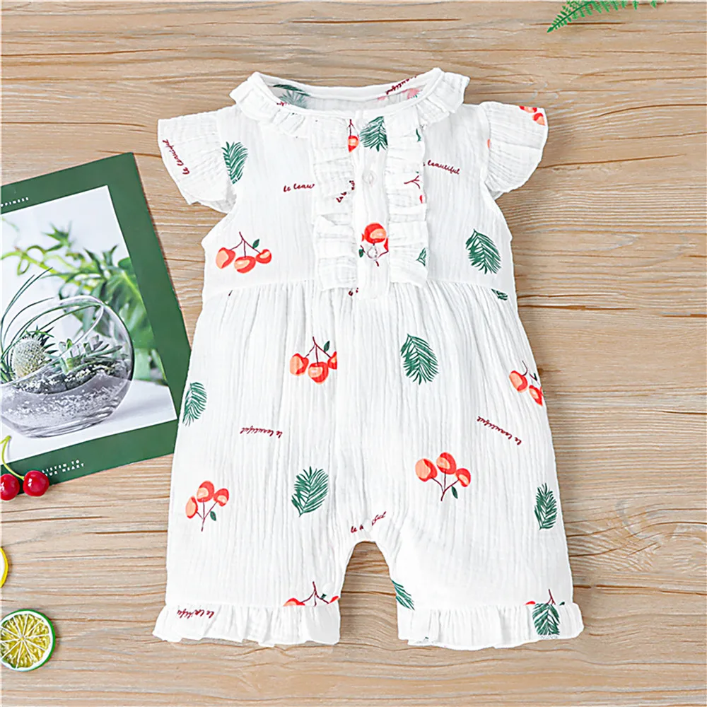 

WenaZao Newborn Toddler Infant Baby Girls Summer Casual Jumpsuit Creative Cherry Leaves Print Lace Fly Sleeve Round Neck Romper