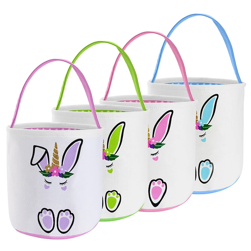 

10pcs Easter Rabbit Bucket Festive Bunny Print Basket 4 Colors Eggs Storage With Handle Decoration Gift Bags Party Supplies