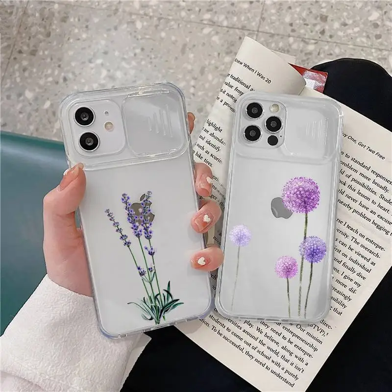

Simple Lavender Purple Flowers Phone Case transparent For iPhone 7 8 11 12 X XS XR MINI Pro Max Plus Slide Camera Lens Protect