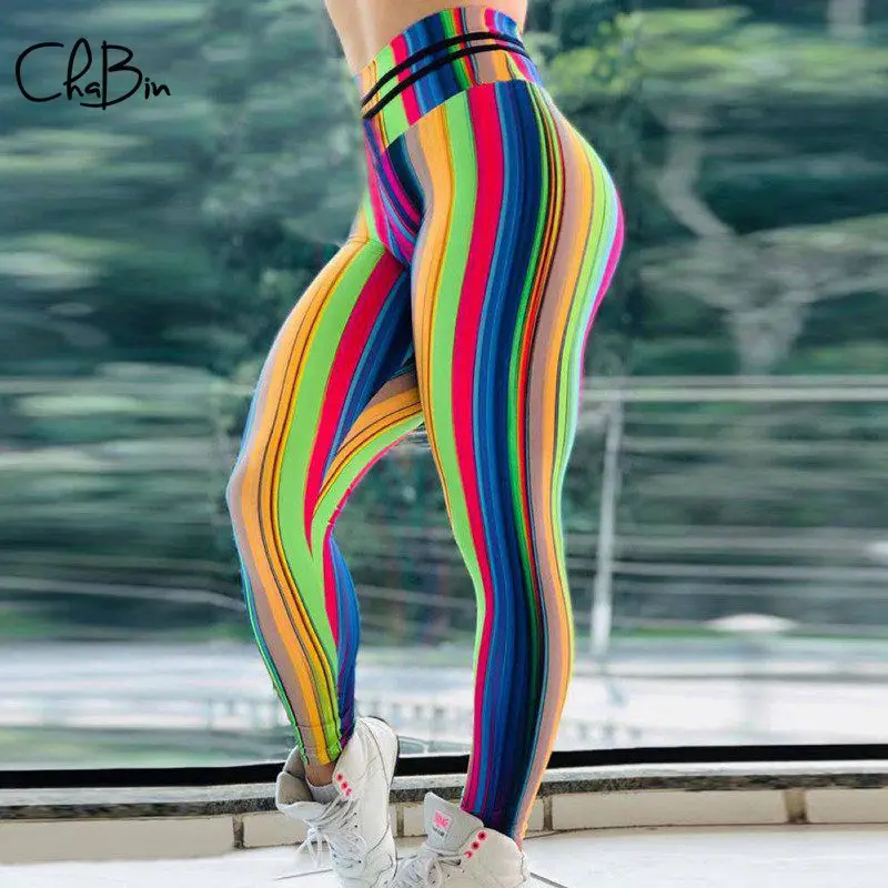 Women Yoga Pants Colorful Striped Print Sport Leggings Push Up Tights Gym Exercise High Waist Fitness Running Athletic Trousers | Спорт и