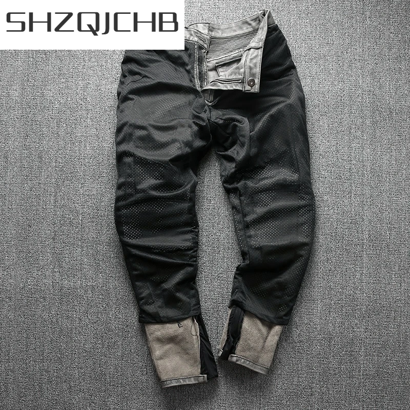 

JCHB 2021 Retro Mens Motorcycle Genuine Leather Pants Streetwear Classic Multi-Pockets Cow Leather Bikers Trousers Mens Casual