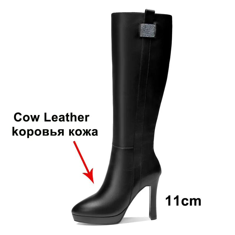 Meotina/зимние сапоги до колена Женские высокие из натуральной кожи на квадратном