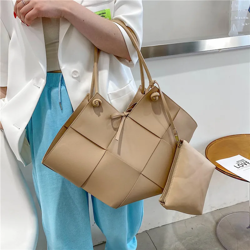 

Weave Design Large Big Tote Handbag Set Women 2021 PU Leather Fashion Shoulder Bags Casual Shopper Hand Bag Solid Color