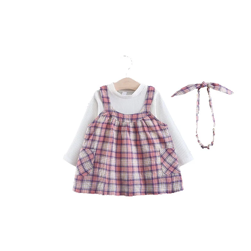 

Girls cute doll skirt kids Korean spring long sleeve t-shirt plaid skirt two-piece suit