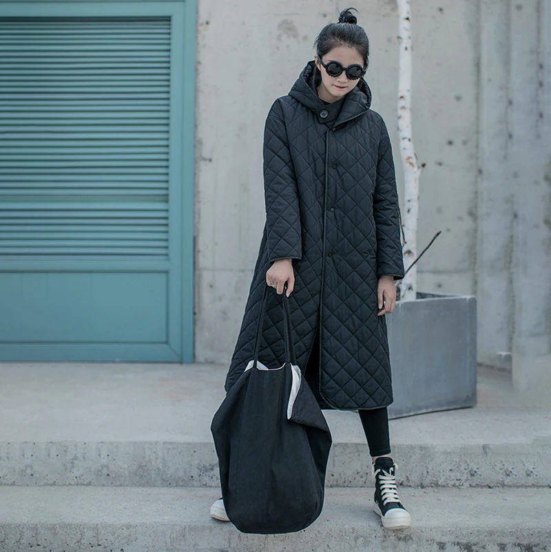 

[EAM] Hooded Black Big Size Warm Cotton-padded Coat Long Sleeve Loose Fit Women Parkas Fashion New Spring Autumn 2021 19A-a822