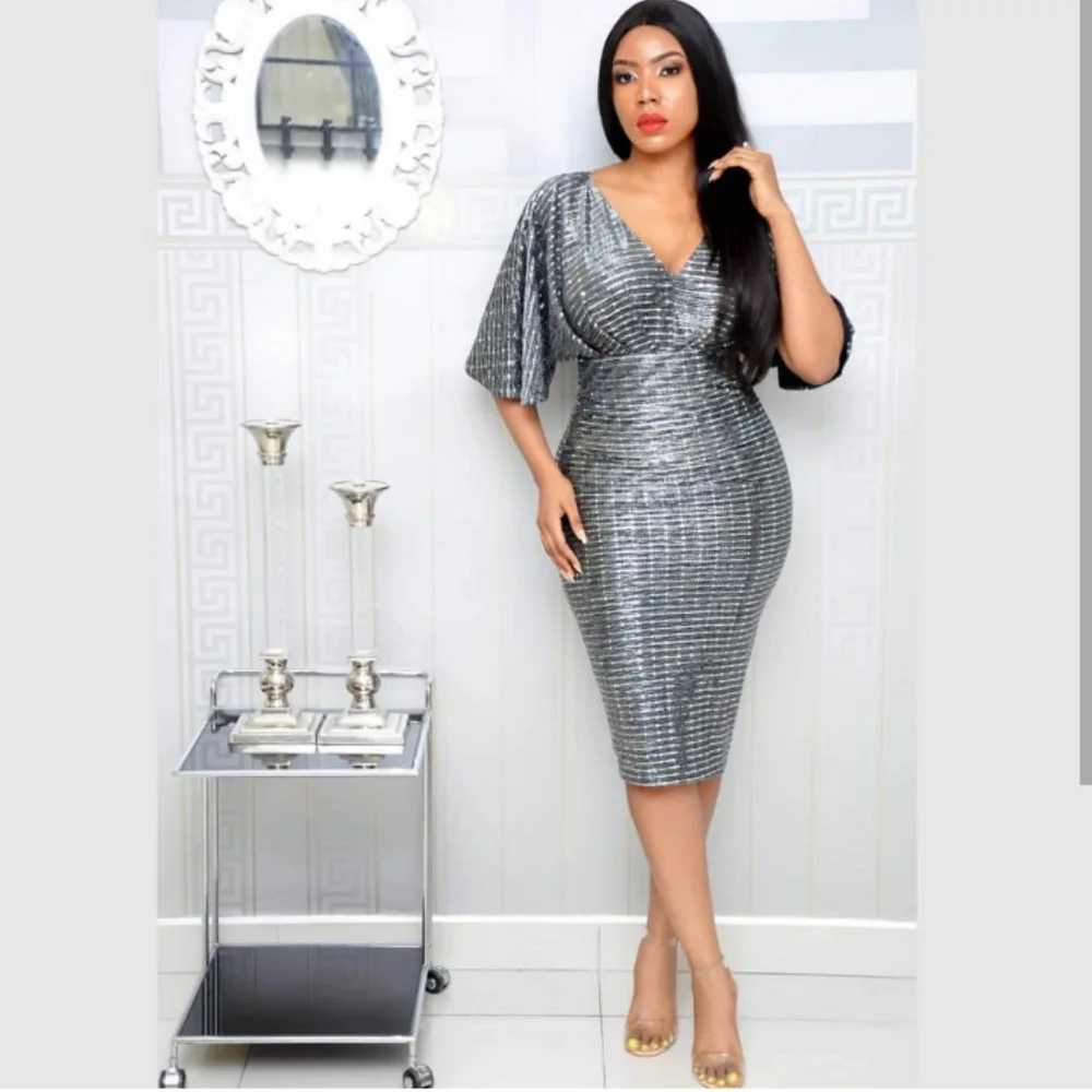 

African Dress For Women V Neck Night Club Party Sexy Dress Female Work Wear Bodycon Knee-length Vestido Africaine Clothes Spring