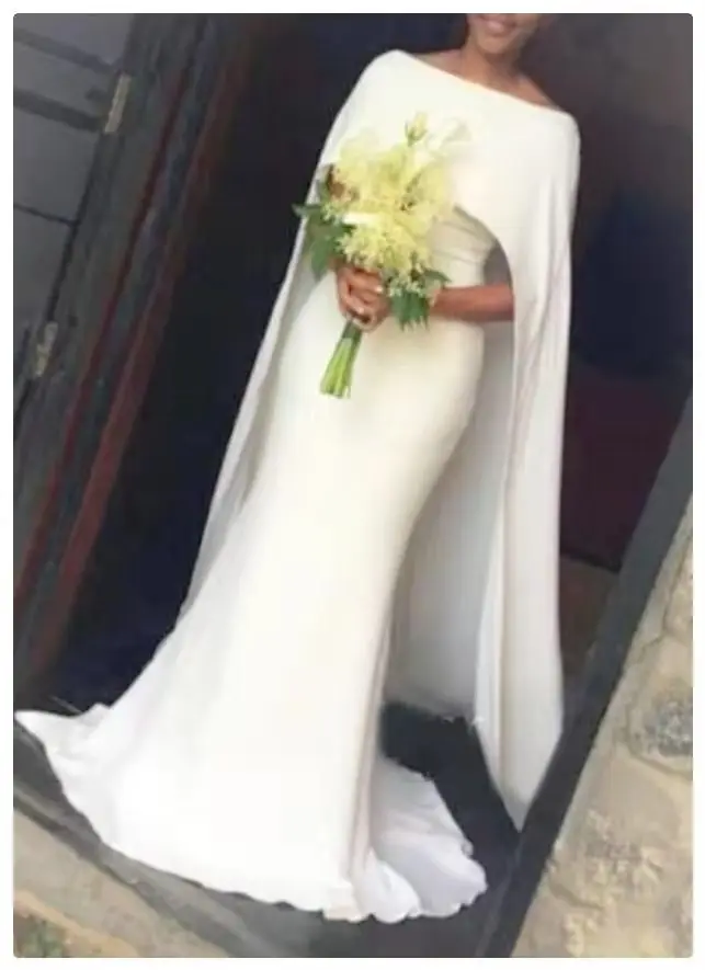 

Женское длинное атласное свадебное платье-русалка, винтажное мусульманское свадебное платье цвета слоновой кости с накидкой и шлейфом на с...