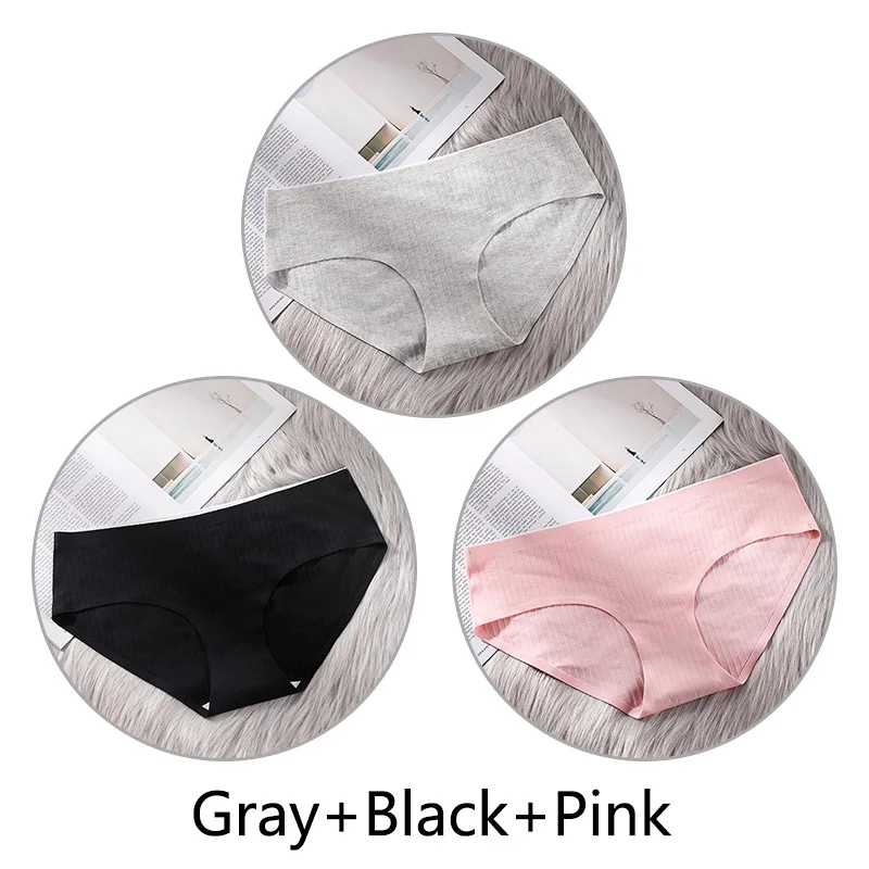 Gray Black Pink 3 шт. сверхтонкое, бесшовное нижнее белье из хлопка, Для женщин нижнее белье, мягкие трусики с большими чашечками для Размеры 4XL белье соты с заниженным шаговым швом ткань нижнее бельё - Цвет: Gray Black Pink