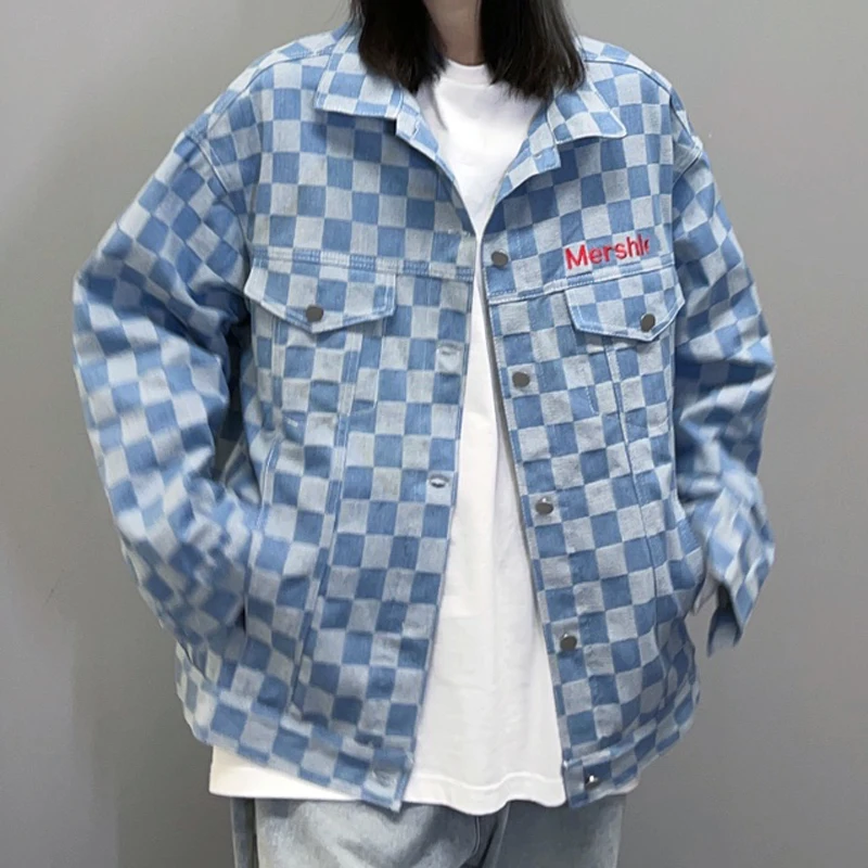 

Autumn Denim Jacket Women Harajuku Streetwear Vintage Washed Checkerboard Embroidery Loose Coats Straight Single Breasted Cowboy